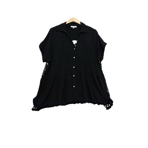 Umgee Tunic LagenLook Linen Blend Boho Hippie Fringe Button‎ 1X Multi Fabric Top